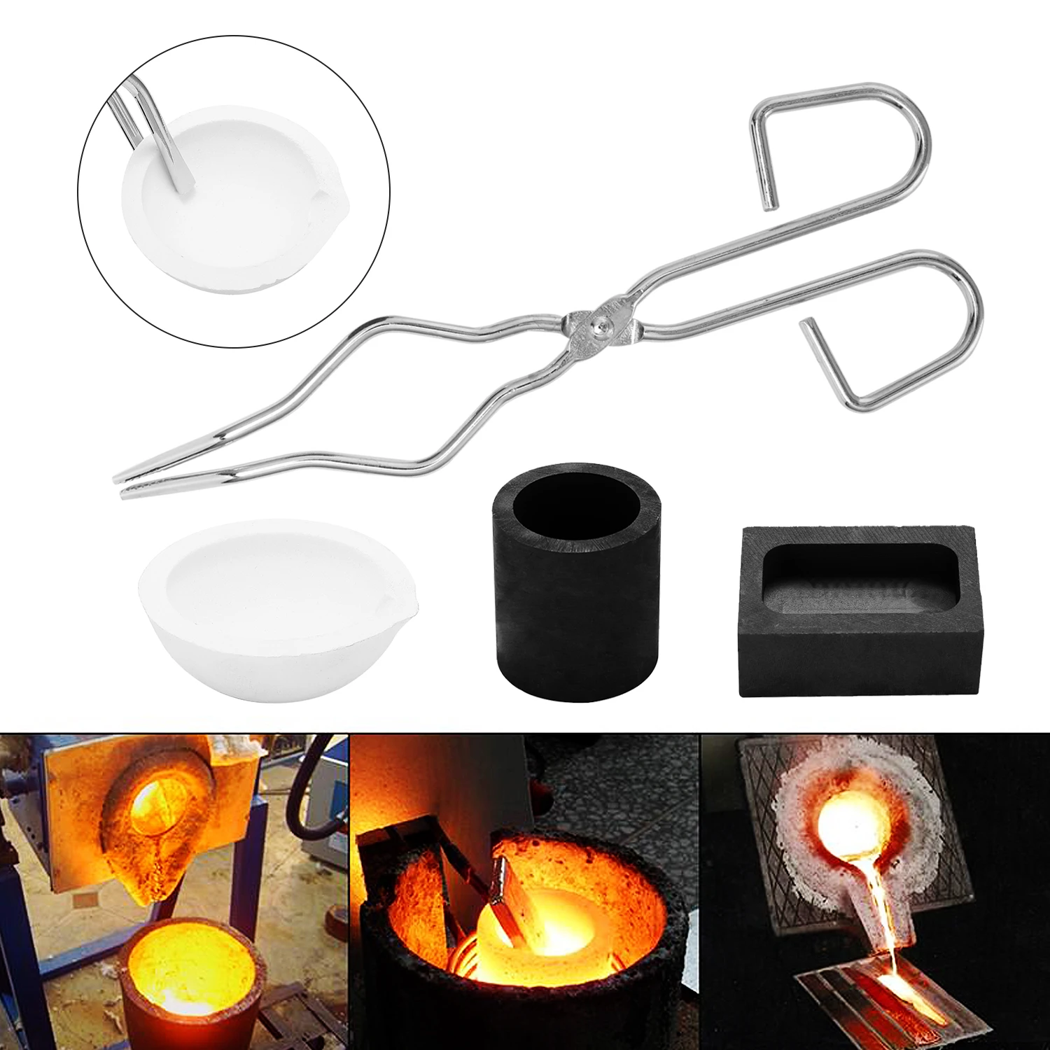 

6Pcs Torch Melting Silver Graphite Crucible Kit, Crucible Tongs, Graphite, Cylindrical, Square Graphite And Quartz Smelting Kit