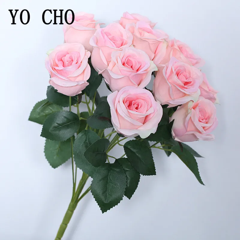 yo cho artificial flower bouquet 12 heads silk rose burgundy blue flower fake rose bunch wedding party home table decoration free global shipping
