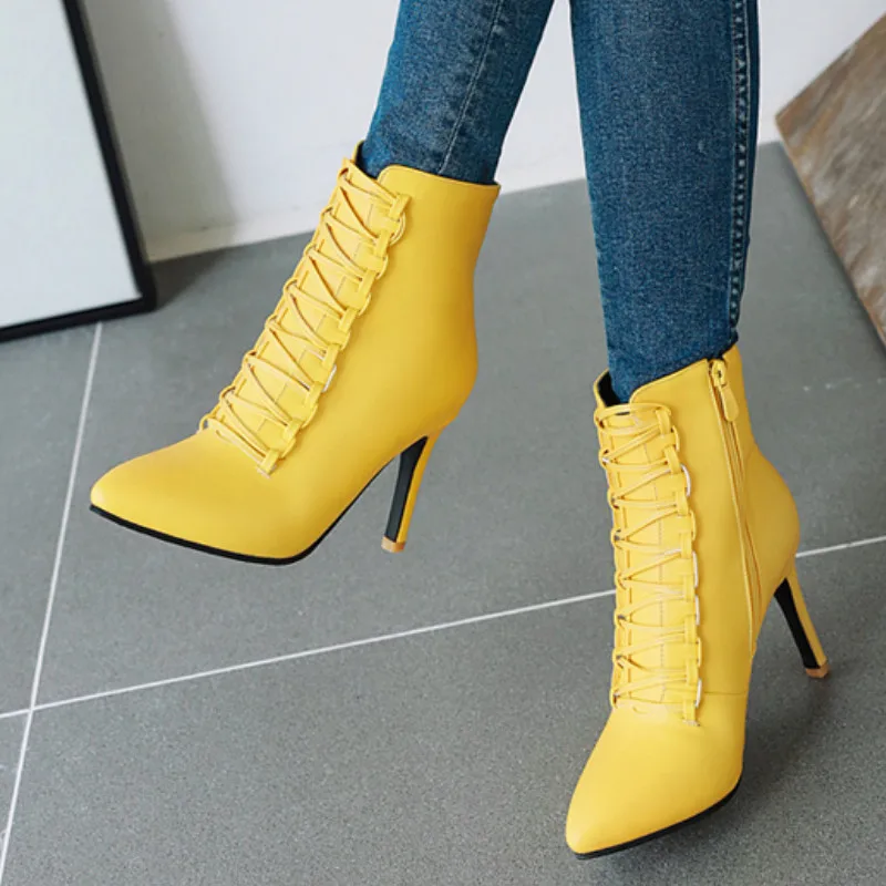 

Fanyuan Size 31-48 Sexy Office Ladies Style Ankle Boots New Autumn Lace Up Pointed Toe Boots PU Leather Thin High Heel Zipper