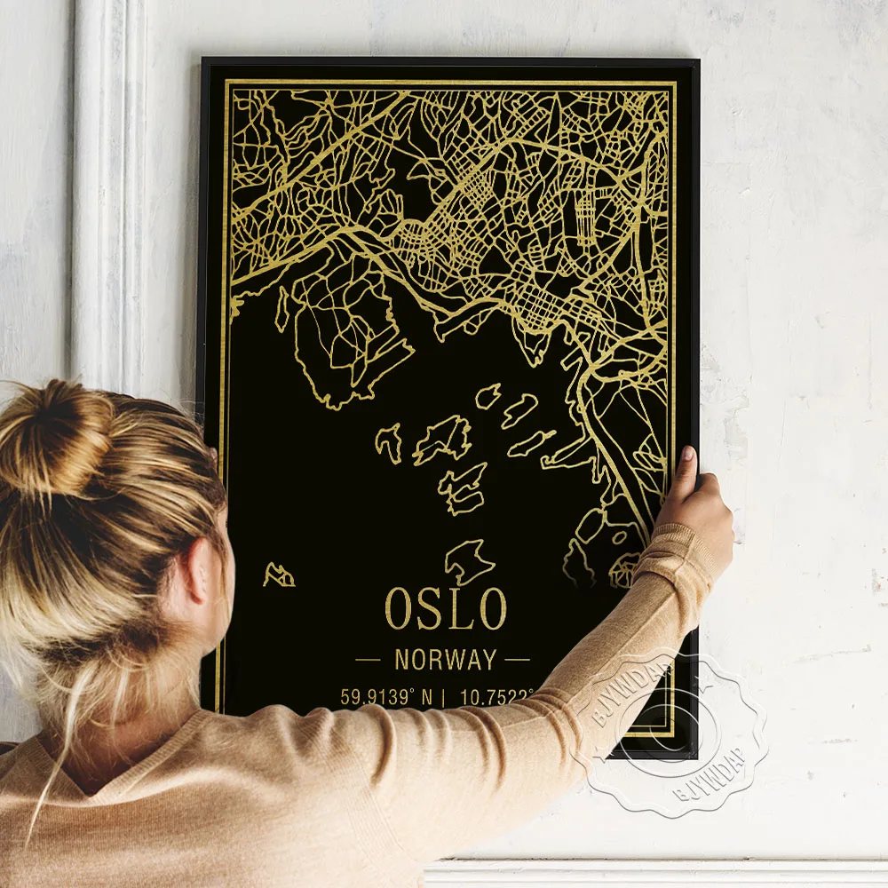 

Norway Oslo Black Golden Image Line Map Poster, Oslo Geography Location Art Prints, Geometry Teacher Education Wall Decor Gift