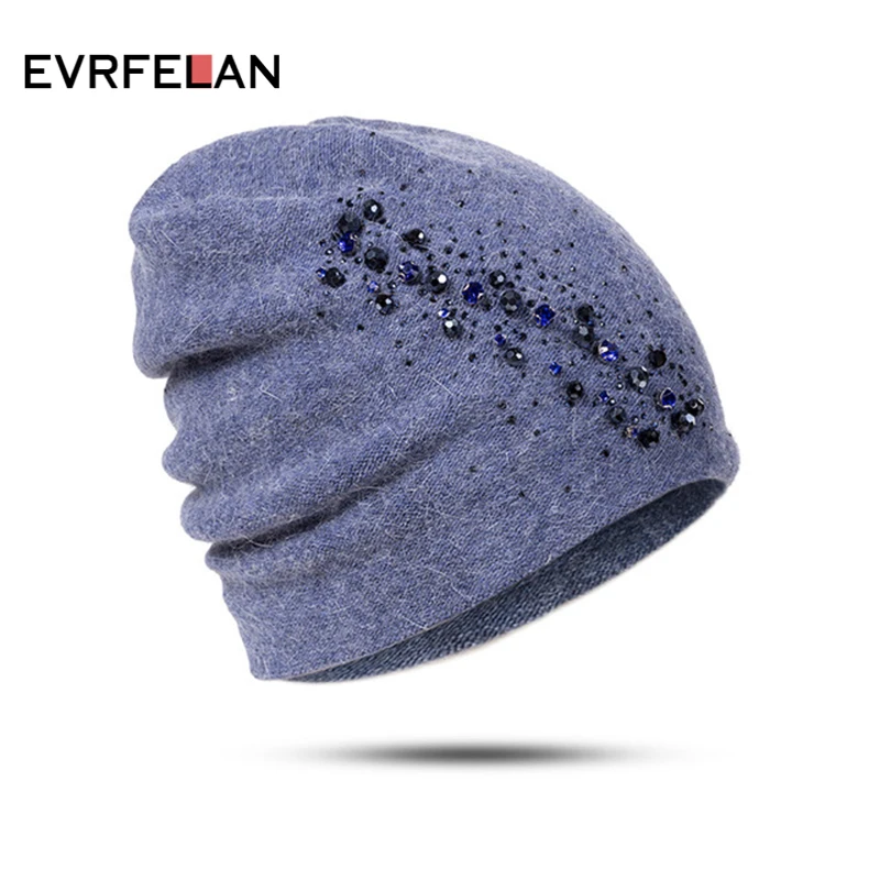 Evrfelan, зимние шапки, Женская шерстяная вязанная шапка, модные, стразы, Skullies, шапка, шапка, мягкая, Осенняя шапочка, gorros