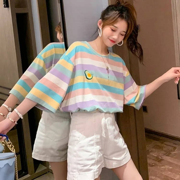 Харадзюку с цветными блоками, контрастная радужная полоса, свободная футболка размера плюс, Женский Топ, футболка, корейское платье/Vestidos, футболка, уличная одежда, милая