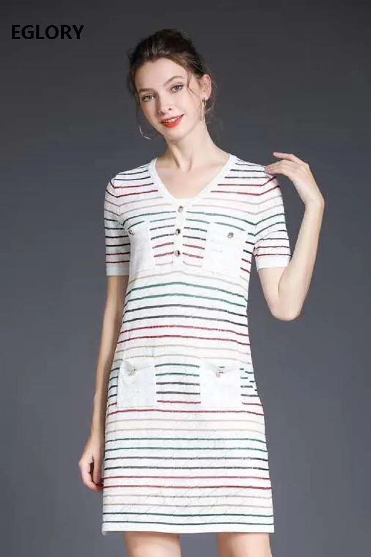 

High Quality Sweater Dress 2020 Summer Style Women V-Neck Colorful Striped Patterns Knitting Short Sleeve Long Pullover Dress