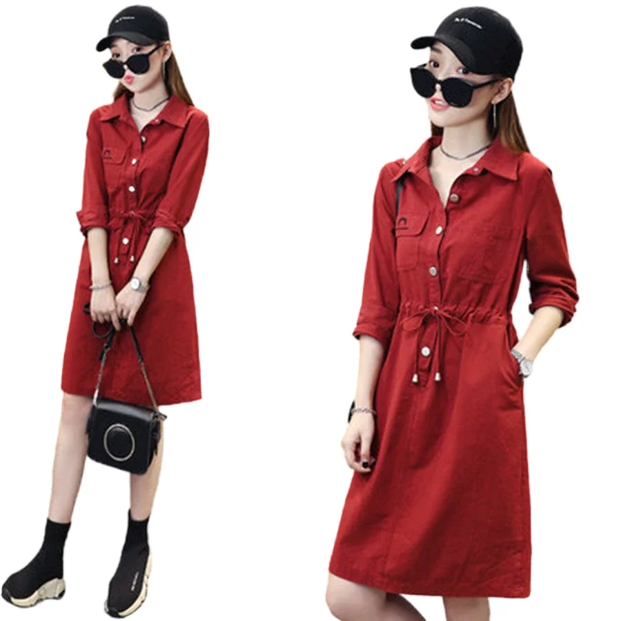 2021 new dress fashion mid-length women's shirt collar waist slimming casual skirt