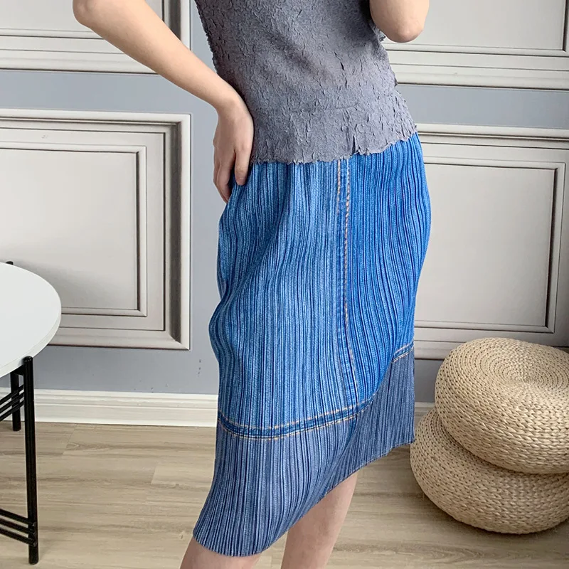 

High Waist Skirt For Women 45-75kg 2020 New Big Stretch Miyake Pleated Denim Color Printed Casual Plus Size Skirt Over The Knees