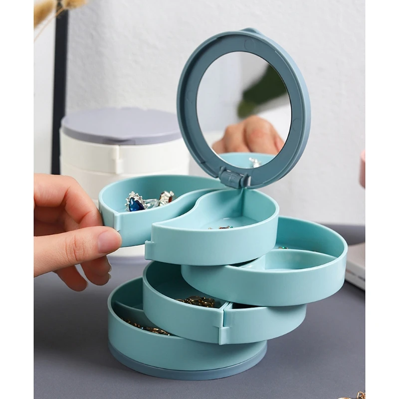 

Jewelry Organizer Case with Mirror 4 Layers 360 Degree Rotating Storage Box Tray