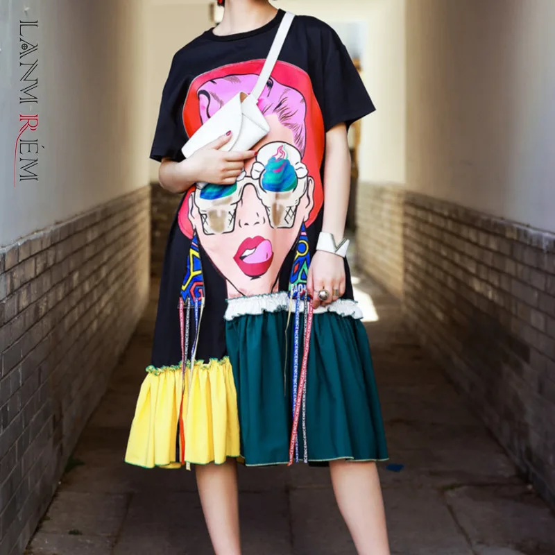 LANMREM 2021 летнее платье с принтом круглым вырезом коротким рукавом вышивкой