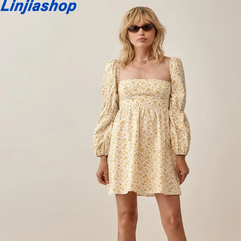 

Мини-платье женское с квадратным вырезом, короткое пляжное ТРАПЕЦИЕВИДНОЕ ПЛАТЬЕ С Длинным Рукавом-фонариком, с винтажным принтом, лето-осе...