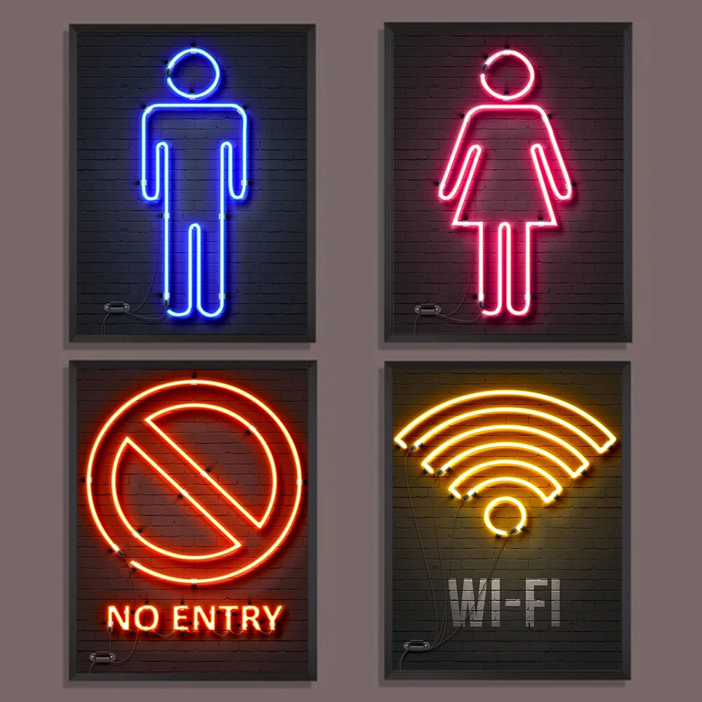 

Men Woman Toilet Wall Art Wifi No Entry Quote Sign Canvas Painting Neon Line Poster And Prints Wall Pictures For Bathroom Decor