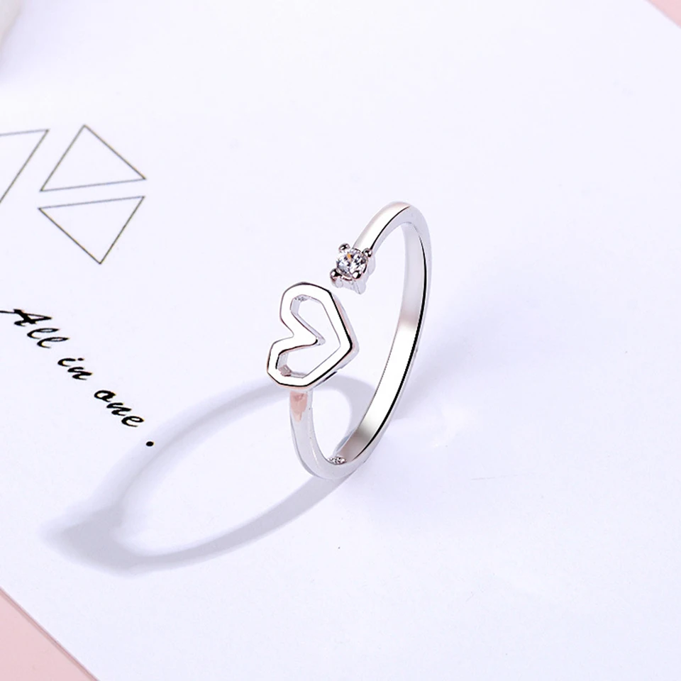 Женское регулируемое кольцо с цирконом Love Heart посеребренное из медного сплава
