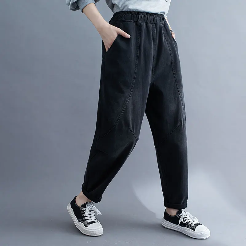 

New Arrival Spring Autumn Women Elastic Waist Loose Vintage Jeans Big Size All-matched Casual Cotton Denim Harem Pants V286