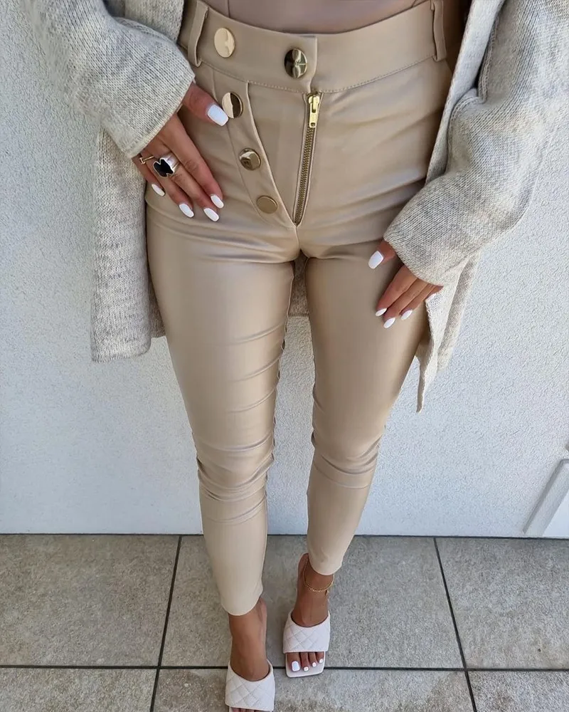 

2021 New Women's Trousers Zipper Fly Button Decor Skinny Pants