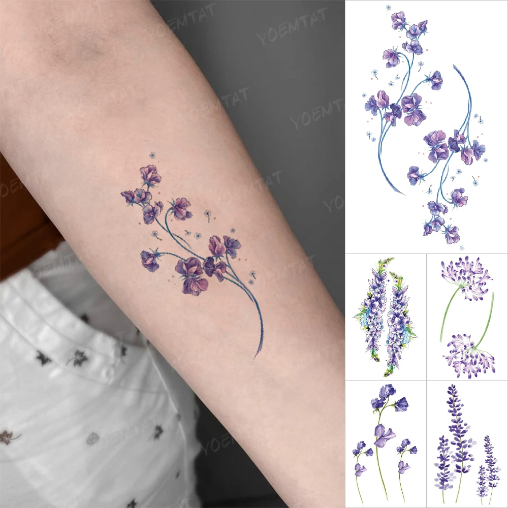 

Waterproof Temporary Tattoo Sticker Purple Flower Linear Dandelion Butterfly Small Mini Tatoo Hand Men Women Glitter Tatto Kids