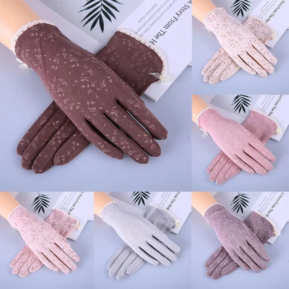 

Floral Women Gloves Breathable Sun Protection Touch Screen Outdoor Gloves Anti Skid Driving Cycling Sunscreen Short Sun Gloves