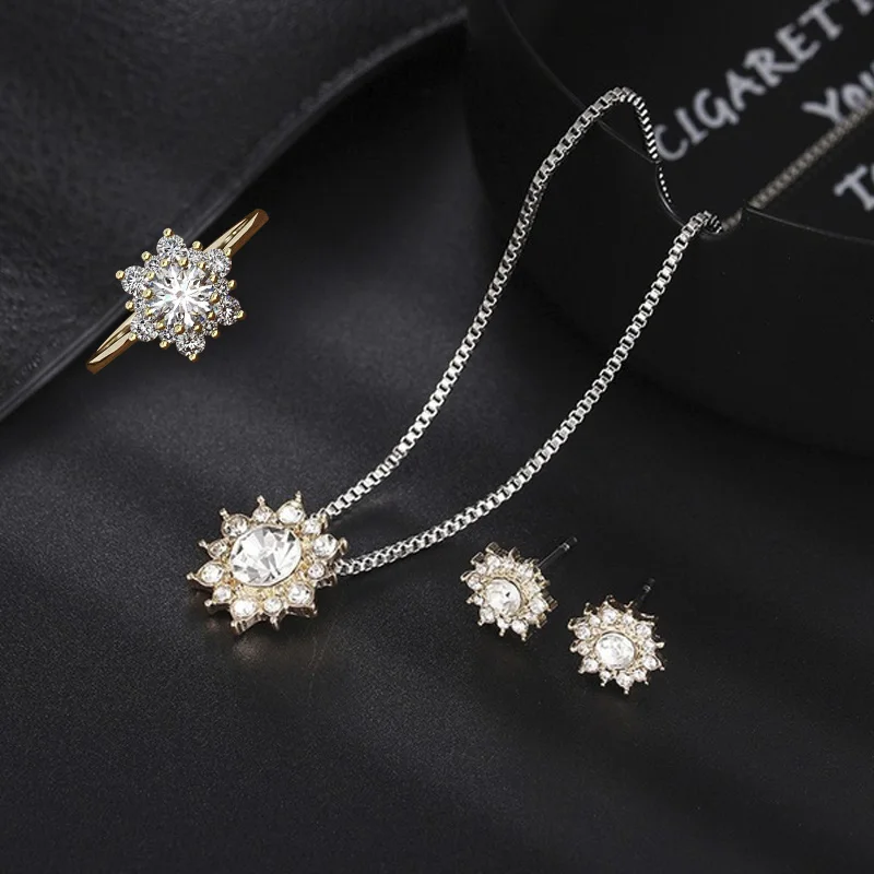 

Fashion Flower Necklace Stud Ring Set For Women Girls Engagement Party Wedding Jewelry Accessories Size 6-10