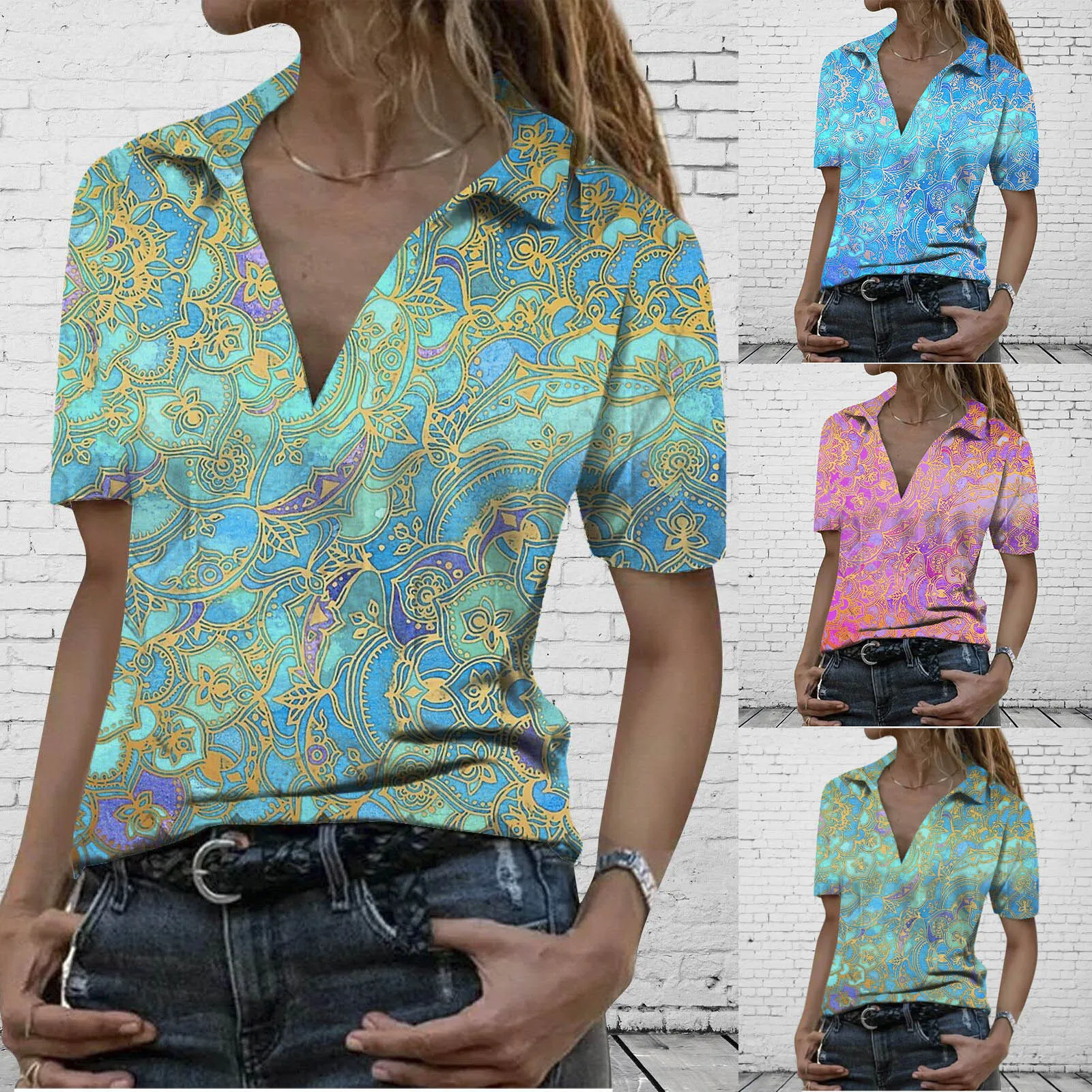 

67# Summer Women's Blouse New Tie Dye Printed Lapel Short Sleeved 2021 Casual Loose Shirt Fashion T Shirt Plus Size Clothing