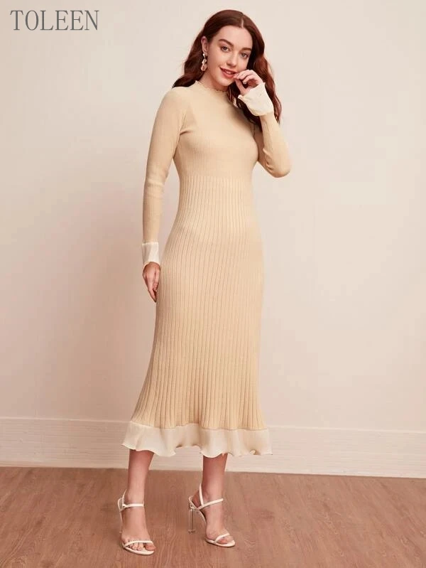 

TOLEEN Fashion Women Plus Size Flounce Sleeve Lettuce Trim Ribbed Knit Sweater Dress