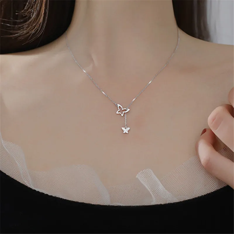 

925 Sterling Silver Tassel Link Chain Zircon Butterfly Charm Necklace Pendant Women Wedding Jewelry Accessories Choker dz763