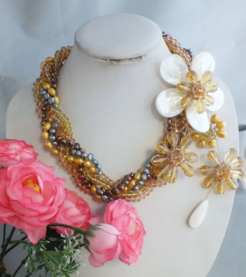 4-221246# смешанные хрустальные бусины ожерелье цветочное украшение! Свадебное ожерелье - Окраска металла: Светло-желтый, золотистый цвет