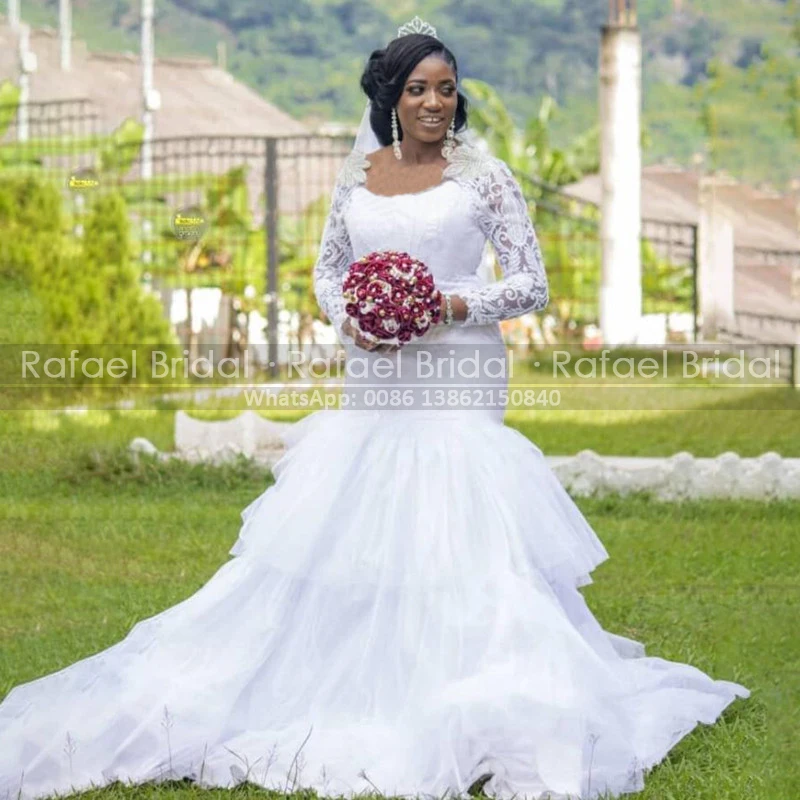 

White Sheer Lace Long Sleeves Wedding Dress For Women Tiered Mermaid Sweep Train Scoop Neck Bridal Dresses Vestidos De Novia
