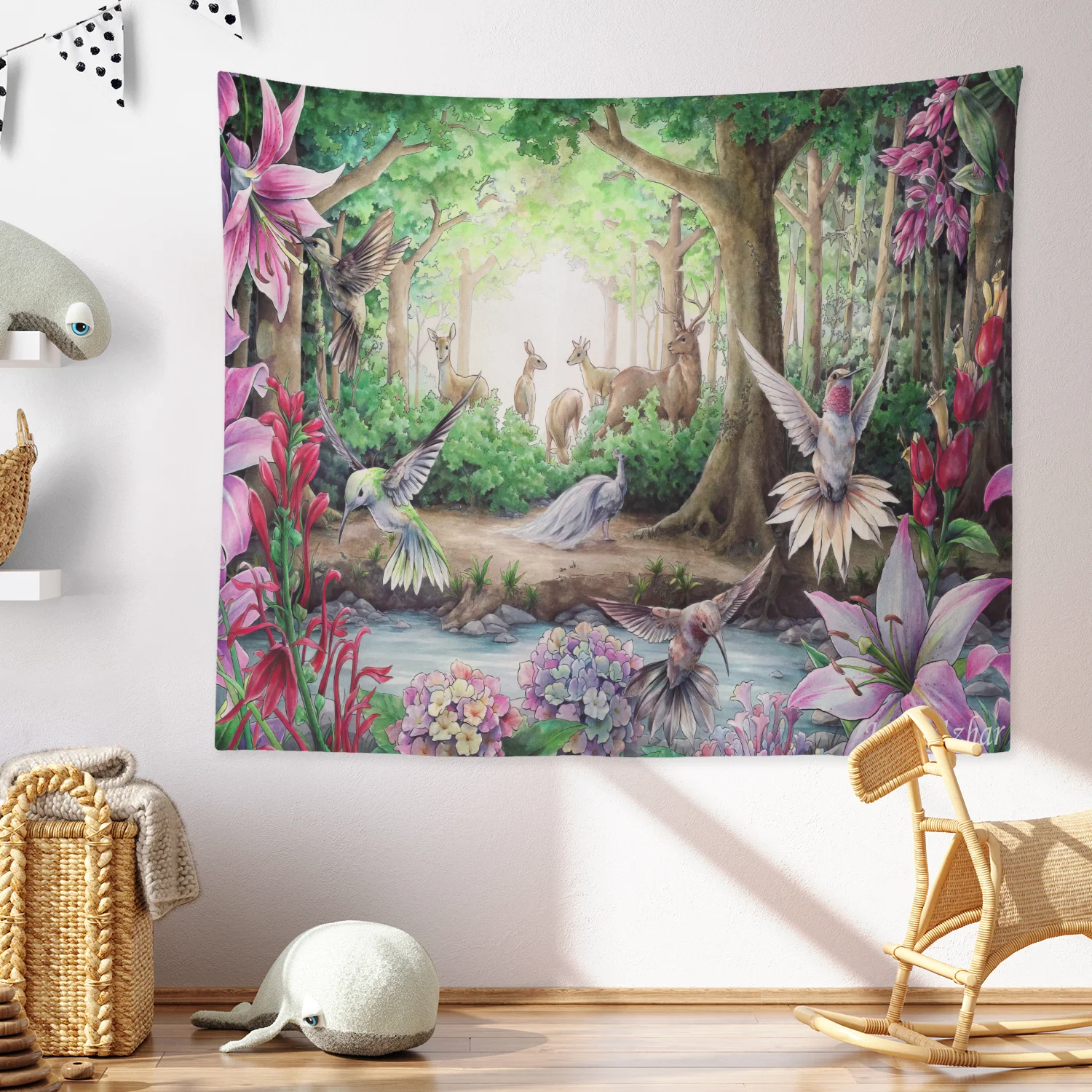 

Watercolor Anime Forest Cute Hummingbird Deer Wall Tapestry Free Shipping Eco Friendly Plants Flower Printed Wall Hanging