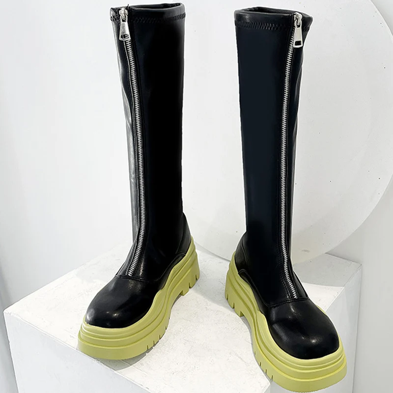 

Ботинки на высоком каблуке, женские мягкие кожаные ботинки, зимняя обувь на молнии, длинные ботинки на толстой подошве, новинка 2022, ботинки ч...