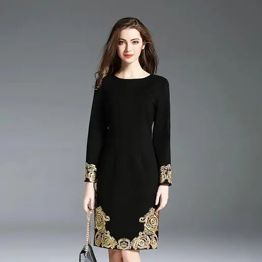 2XL 2020 качество OL стиль вышивка длинный рукав женские платья с o-образным вырезом
