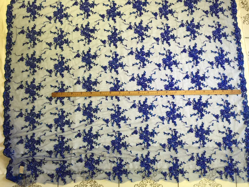 1 ярд Высококачественная темно-синяя ткань с крупным бисером синяя вышитая для