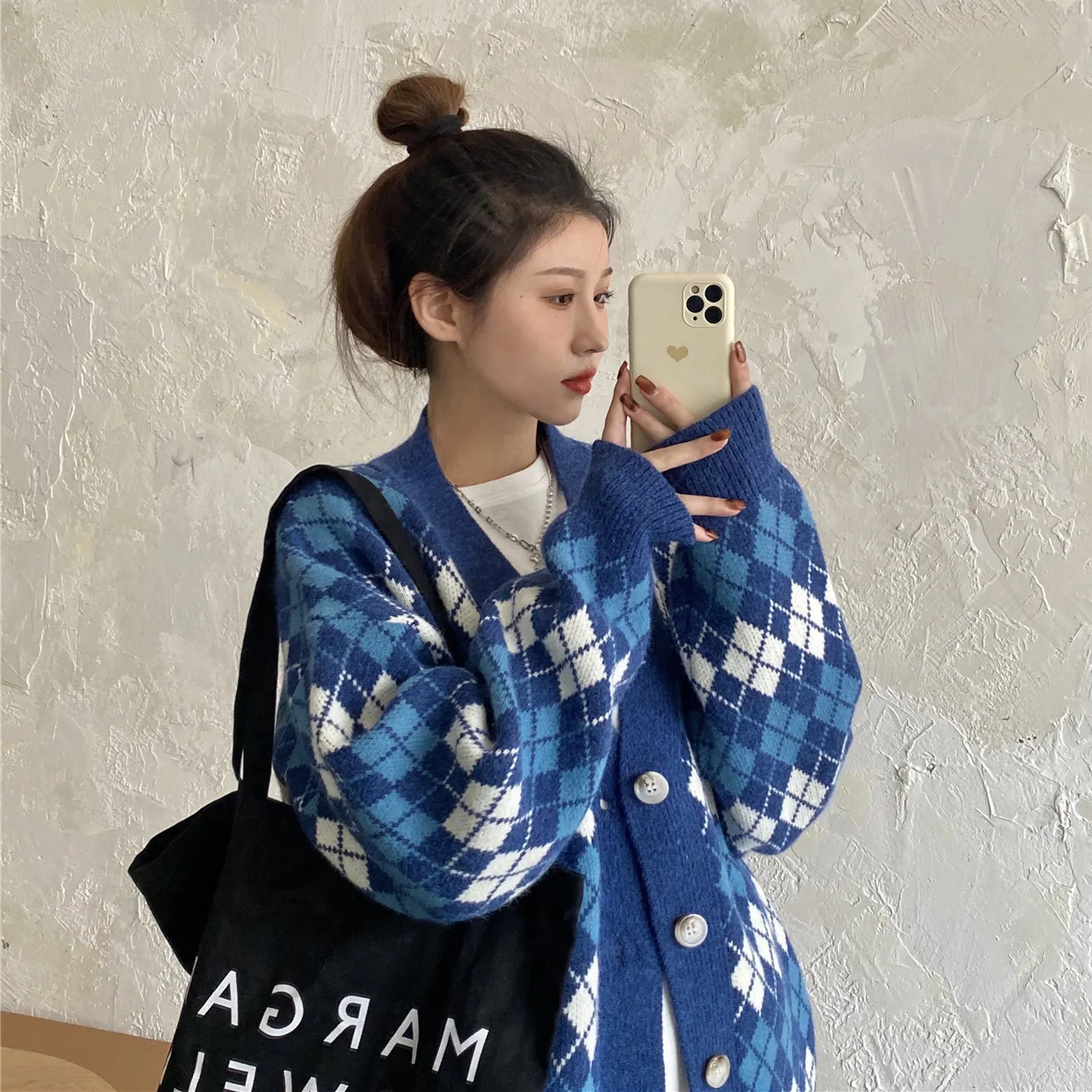 

2021 spirng women's fashion loose more languid lazy style sweater female casual Diamond check printing knitting cardigan tops
