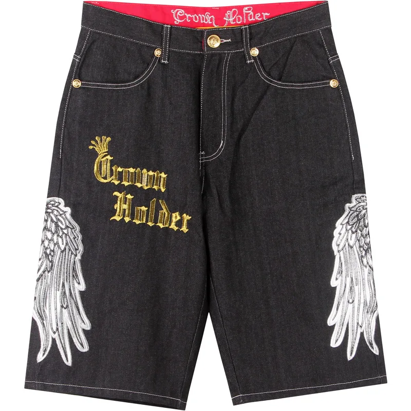 

SEVEYFAN Hip-Hop Denim Shorts Men's Loose Large Size Cropped Trousers Personalized Pattern Embroidery Skateboard Pants