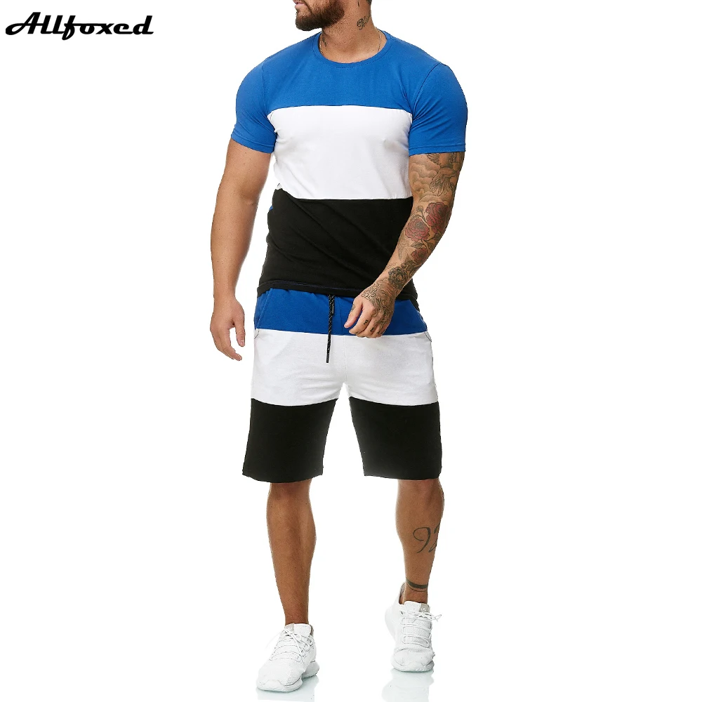 

Allfoxed Men's Summer Short-sleeved Suit Stitching Short-sleeved T-shirt Shorts Suit Gym Men's Sportswear Men Casual Wear