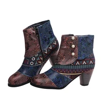 2021 new winter block heel ankle bootieswomens bohemian splicing pattern side zipper high block heel ankle leather boots