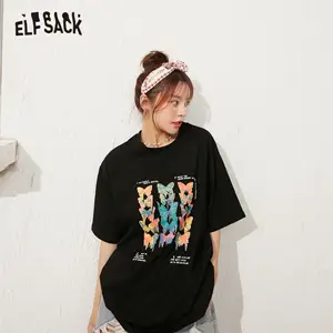 Футболка женская с принтом бабочек ELFSACK, повседневная одежда в стиле Харадзюку, с коротким рукавом эльфа, базовая топы на каждый день в Корейском стиле, лето 2020