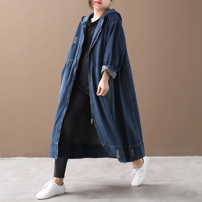 Осенне зимний женский плащ большого размера Длинное свободное джинсовое пальто