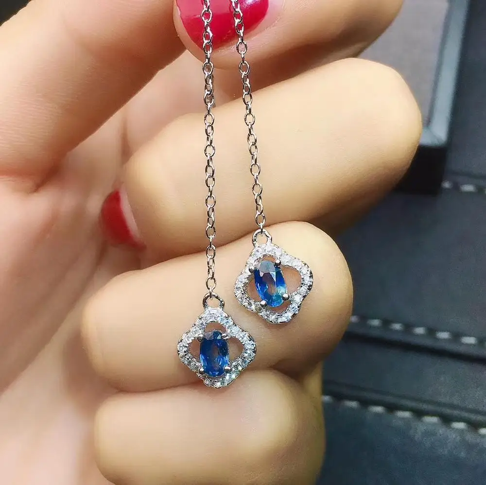 Натуральный серьги с голубым сапфиром 925 пробы Серебряное колье подвеской