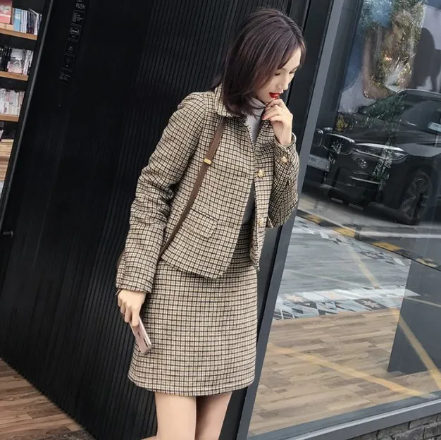 2019 корейский стиль Осень зима комплект из 2 предметов Женская куртка и юбка