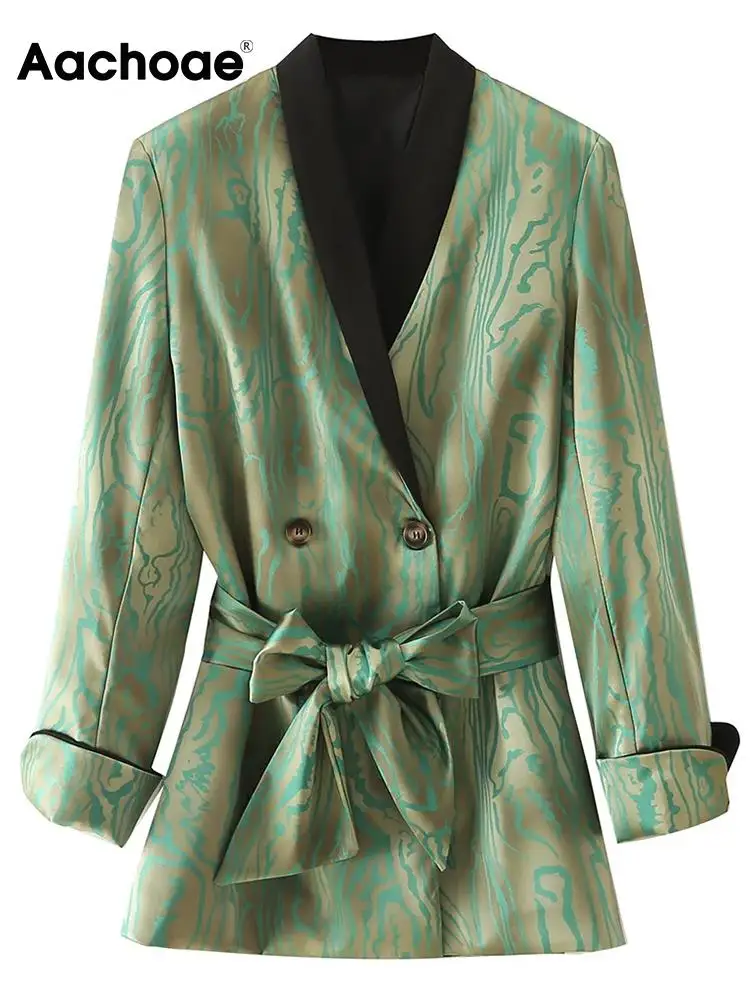 

Aachoae Women Patchwork Blazer Suits Notched Collar Long Sleeve Jacket Coats With Belt Female Fashion Chic Jacket Coats Autumn