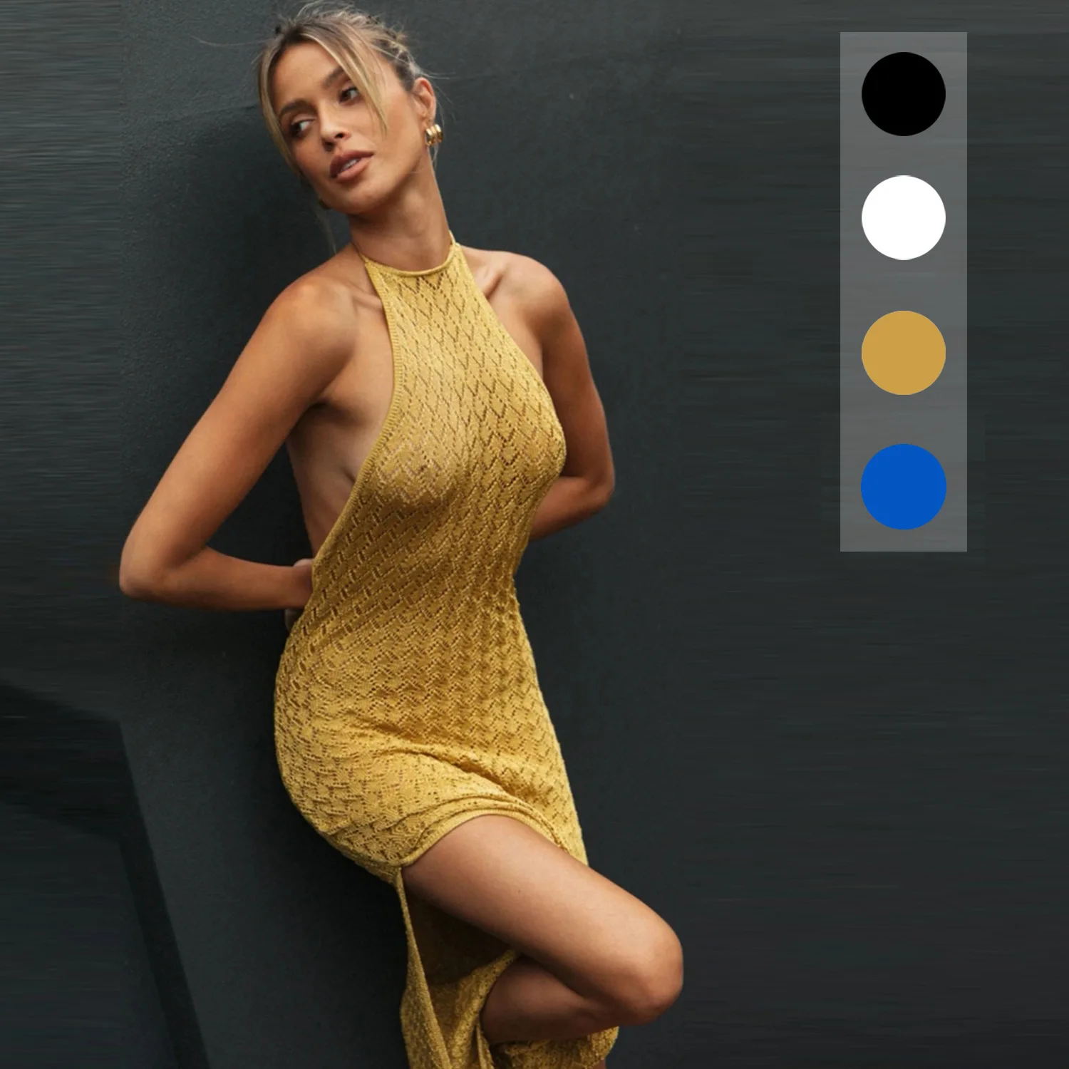 

Spring Summer Dresses For Women 2021 Cotton Knitting Haut Femme Maxi Long Dress Split Neck-Mounted Elegant Bodycon Party Dresses