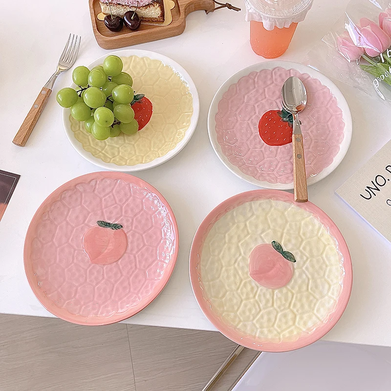 

Kawaii Strawberry Peach Plate For Food Ceramics Cute Pink Breakfast Cake Snack Fruit Dessert Decorative Dish Kitchen Tableware