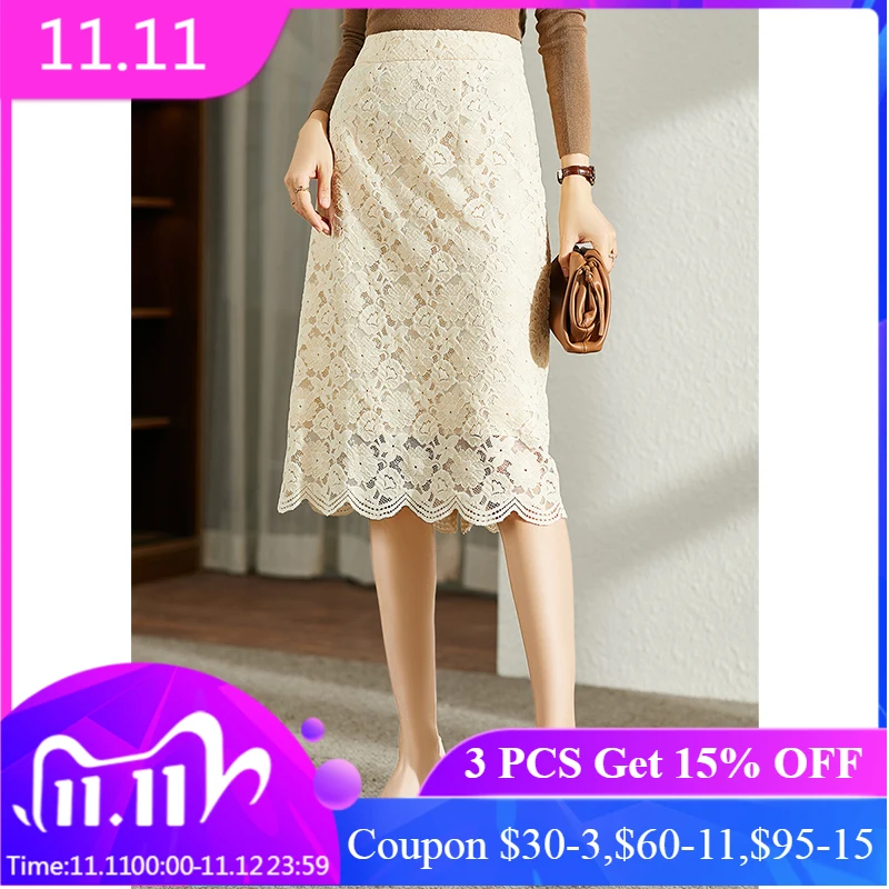 Vimly Autumn Skirt For Women 2021 Korean New High Waist Solid Lace Midi Skirts Elegant Female Faldas Women's Clothing F8995