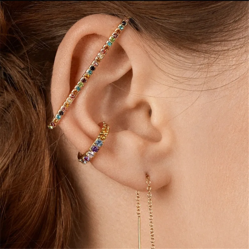 

1set/ 2pcs Crystal Earcuffs Earring For Women Gold Color Long Clip On Earrings Ear Cuff CZ Rhinestone Ear Wrap Earclips