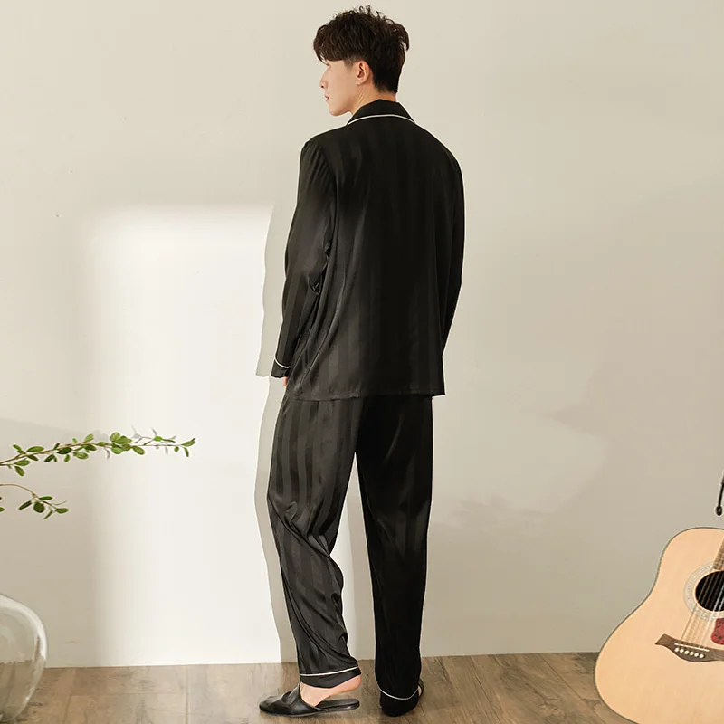 

New Trousers Suit Summer Men Casual Faux Silk Striped Thin Pajamas Male Viscose Comfortable Silky Pijamas Oversized Home Clothes