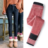 winter new female thick pink fleece warm skinny jeans trousers women high waist stretch solid color casual denim pencil pants