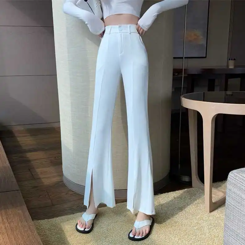

White Pants Women's Summer Wide Leg High Waist Draped Suit Pants Front Slit Trousers Slimming Loose Casual Flared Pants