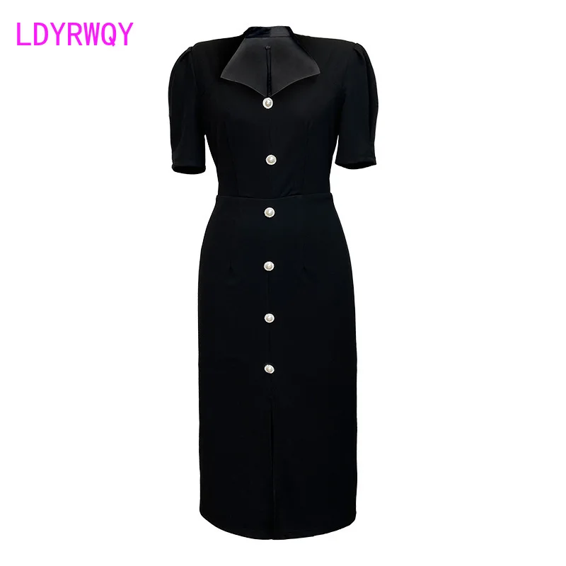 

LDYRWQY 2021 Korean fashion Slim button slit temperament ladies zipper bag hip short-sleeved dress Office Lady