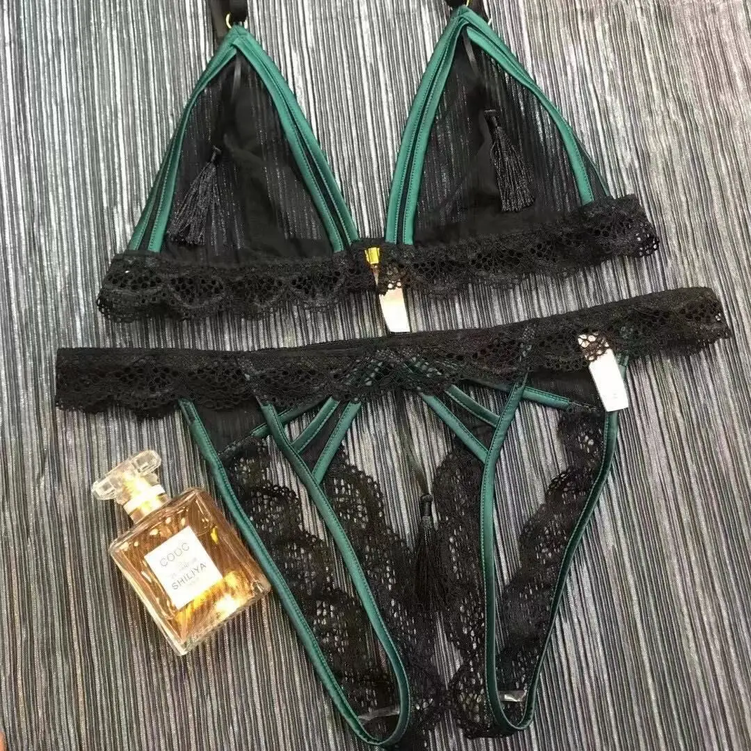 

Light mesh sexy triangle cup underwear set temptation open file underpants lingerie suit summer night dress with T pants