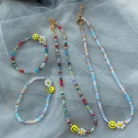 2021 new colorful face smiley daisy flowers crystal beaded bracelet necklace clavicle choker for women girls jewelry