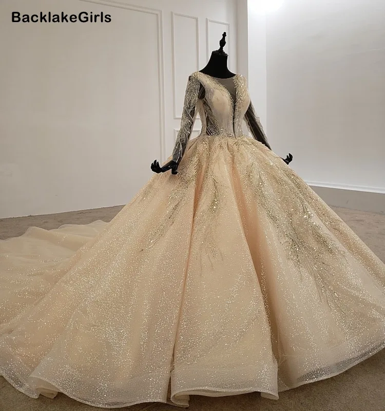 BacklakeGirls African Wedding Dresses Sexy V Neck Sheer Long Sleeve Big Tailing Princess Luxury Dress 2020 Robe De Bal | Свадьбы и