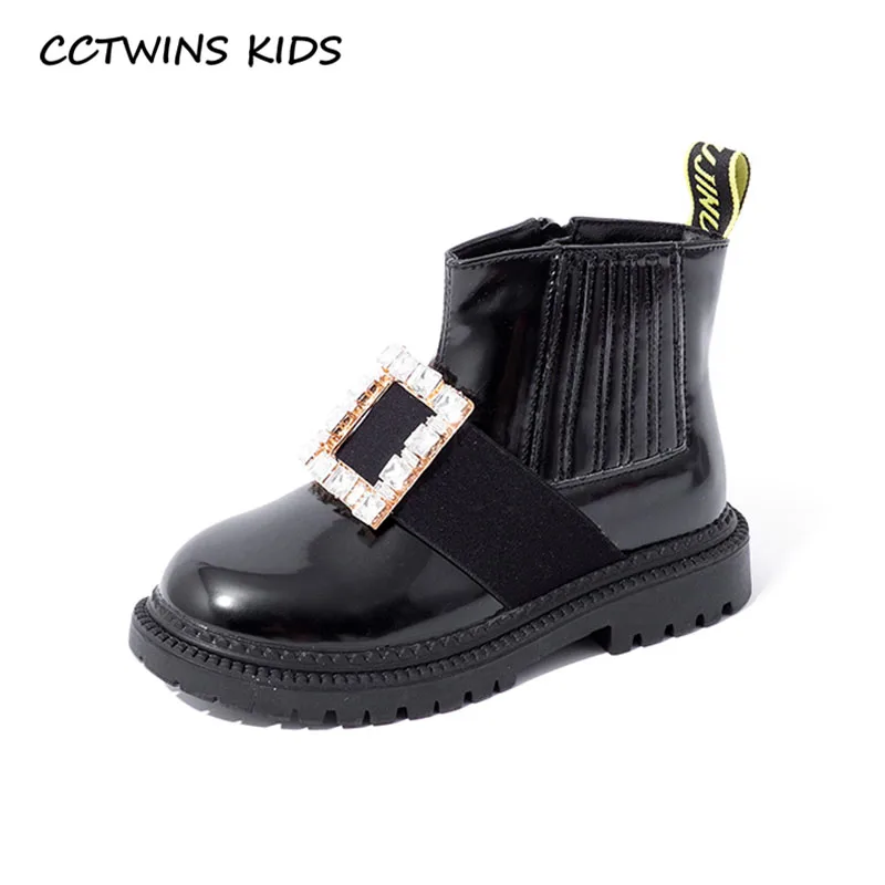 CCTWINS/детская обувь; коллекция года; зимняя детская обувь из искусственной кожи; ботильоны со стразами для девочек; Детские брендовые теплые ботинки; Цвет Черный; FB1793