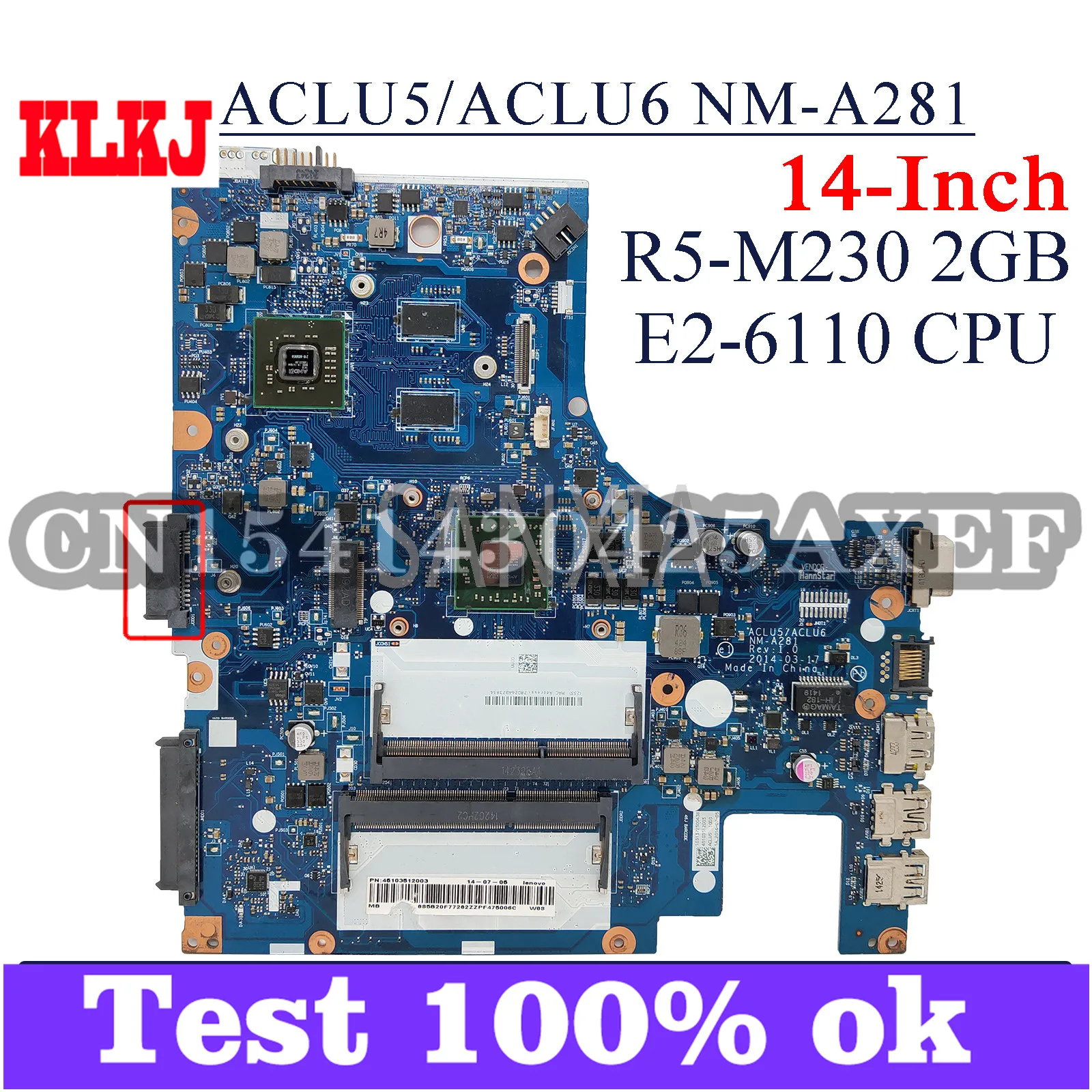 

KLKJ ACLU5/ACLU6 NM-A281 Laptop Motherboard For Lenovo G40-45 (14-inch) Original Mainboard E2-6110 R5-M230 2GB